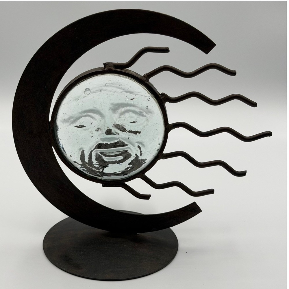 Vintage Celestial Sun and Moon Wrought Iron Glass Face Candle Holder Rustic 9"